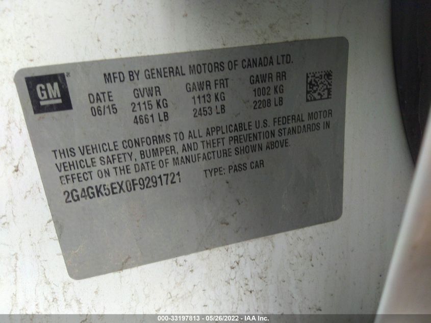 2015 BUICK REGAL 2G4GK5EX0F9291721