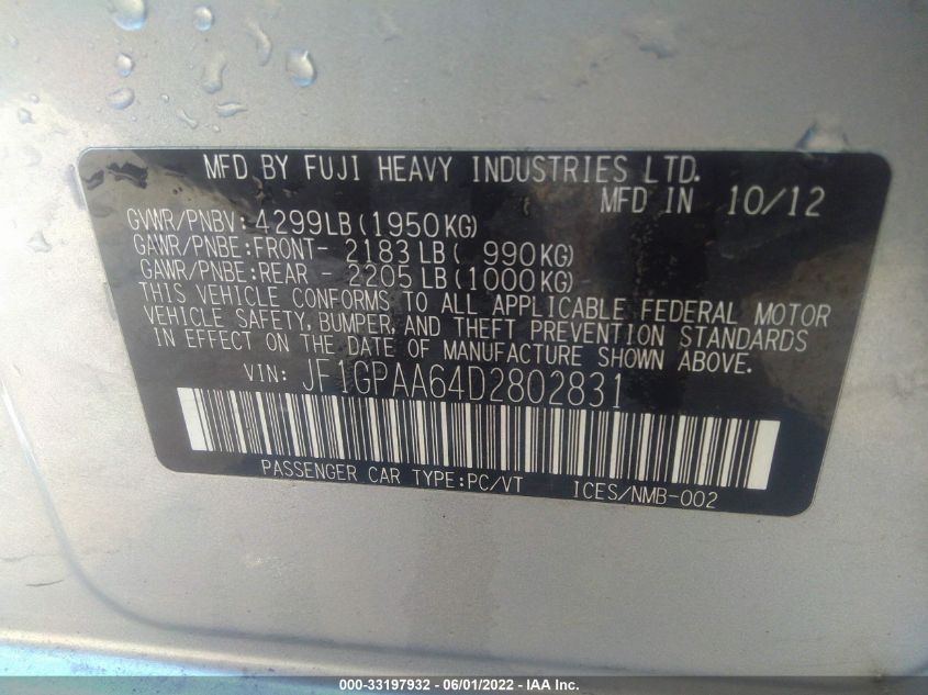 2013 SUBARU IMPREZA WAGON JF1GPAA64D2802831