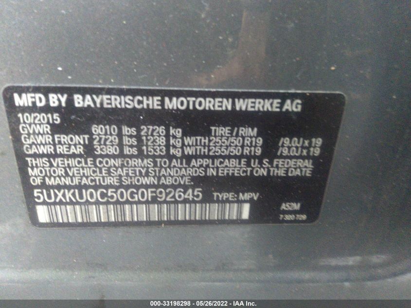 2016 BMW X6 SDRIVE35I 5UXKU0C50G0F92645
