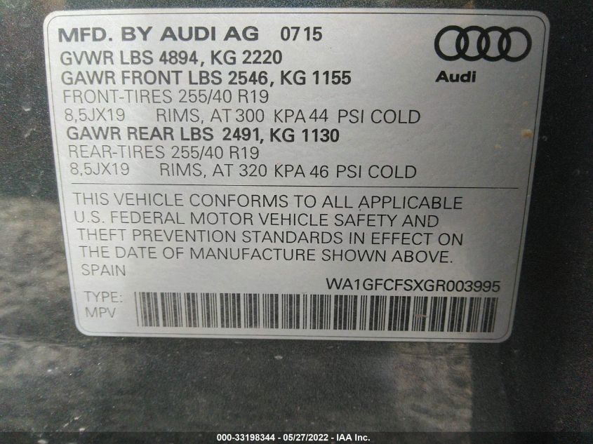 2016 AUDI Q3 PRESTIGE WA1GFCFSXGR003995