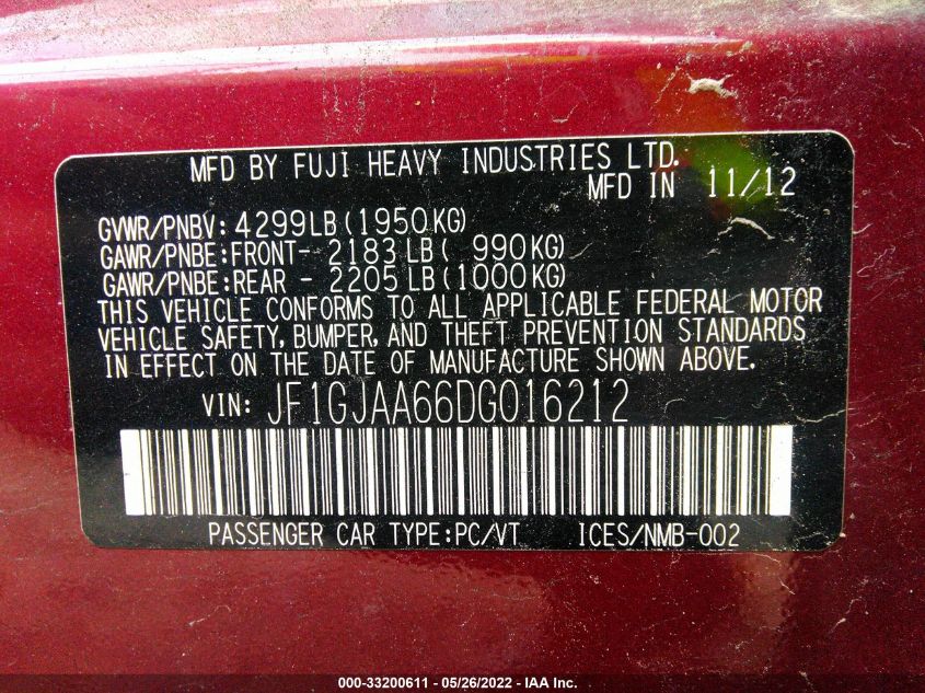2013 SUBARU IMPREZA SEDAN JF1GJAA66DG016212