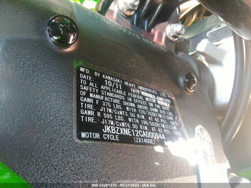 2012 KAWASAKI ZX1400 EC JKBZXNE12CA000944