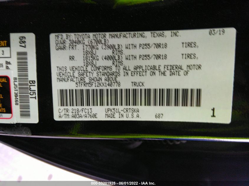 2019 TOYOTA TUNDRA 2WD SR/SR5 5TFRM5F12KX140778