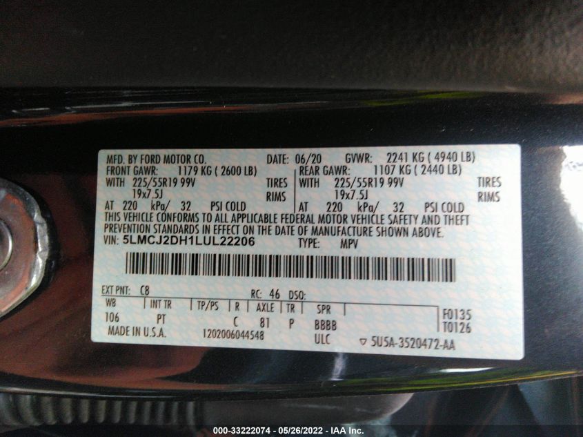 2020 LINCOLN CORSAIR RESERVE 5LMCJ2DH1LUL22206