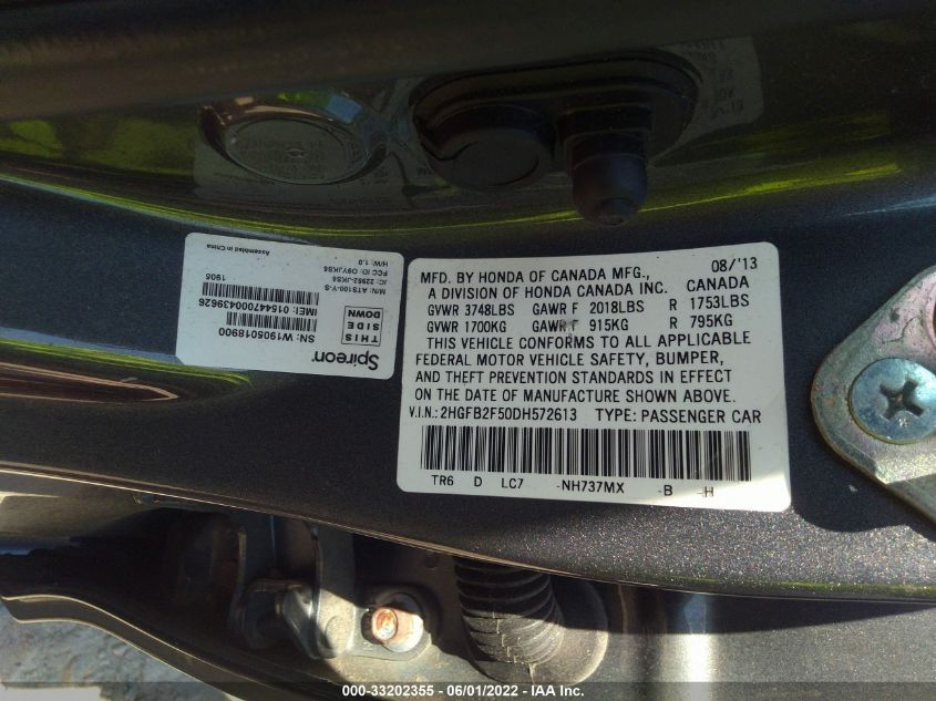 2013 HONDA CIVIC SDN LX 2HGFB2F50DH572613