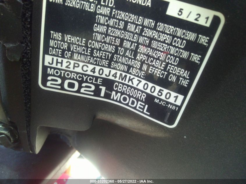 2021 HONDA CBR600 RA JH2PC40J4MK700501