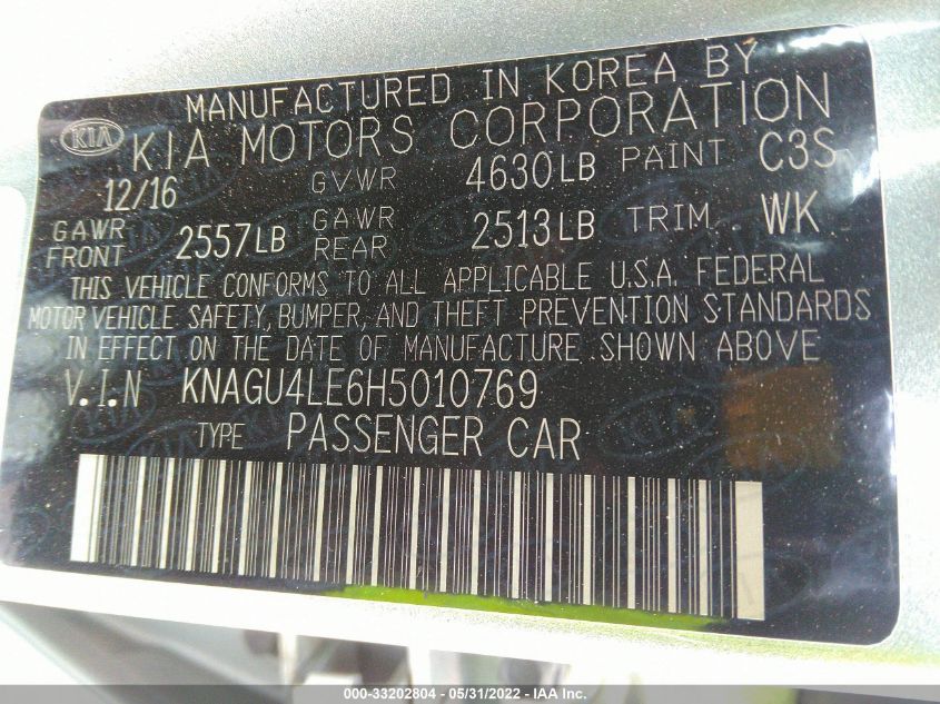 2017 KIA OPTIMA HYBRID EX KNAGU4LE6H5010769