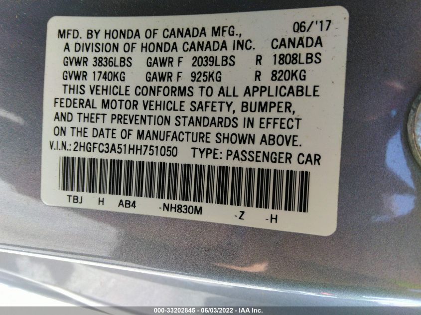 2017 HONDA CIVIC COUPE SI 2HGFC3A51HH751050