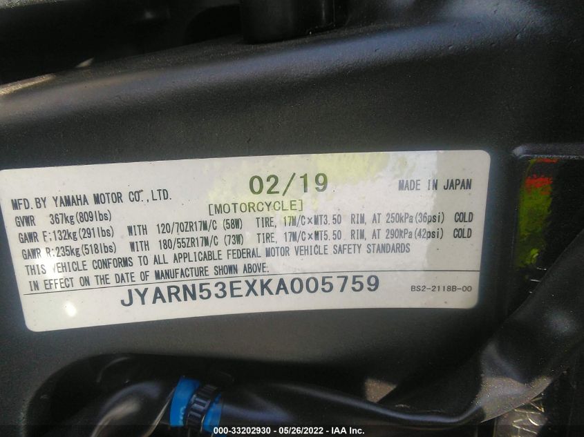 2019 YAMAHA MT09 JYARN53EXKA005759