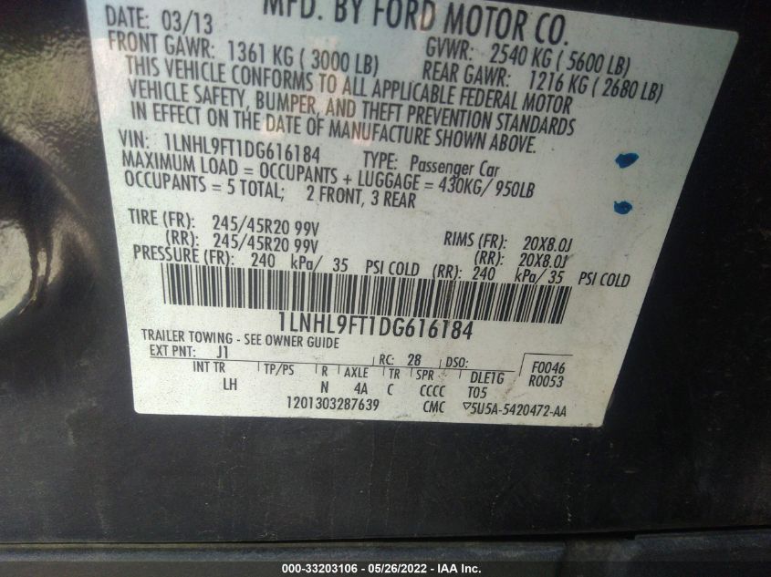 2013 LINCOLN MKS ECOBOOST 1LNHL9FT1DG616184