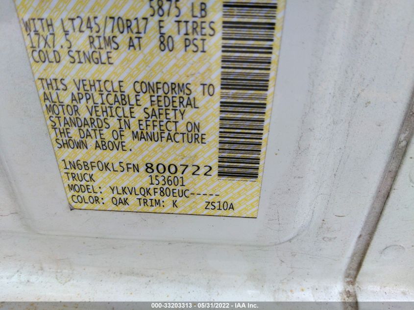 2015 NISSAN NV S 1N6BF0KL5FN800722