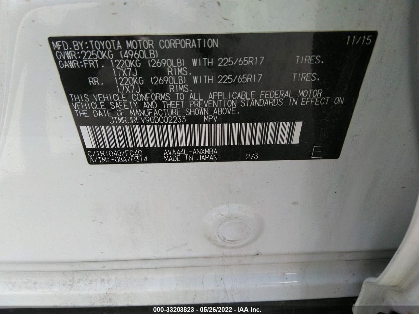 2016 TOYOTA RAV4 HYBRID XLE JTMRJREV9GD002233
