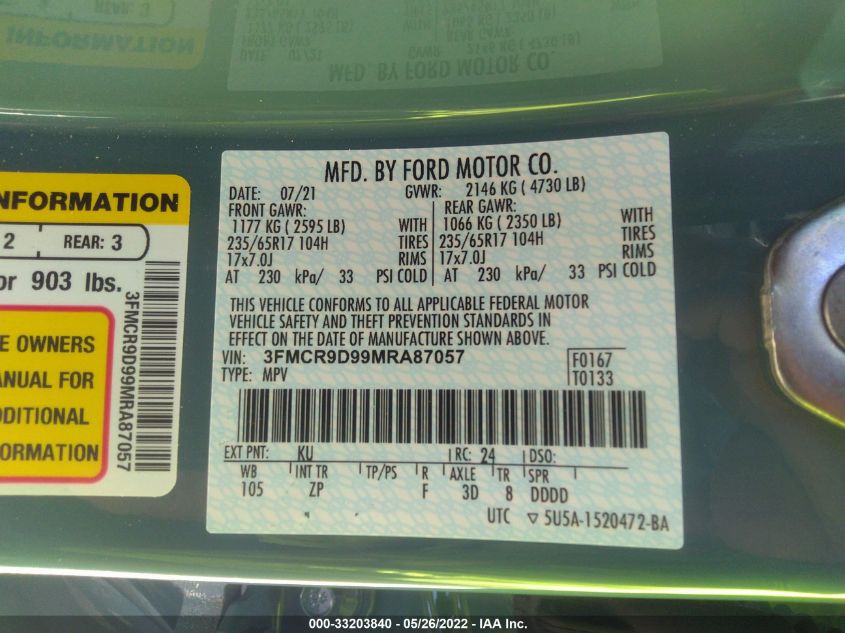 2021 FORD BRONCO SPORT BADLANDS 3FMCR9D99MRA87057