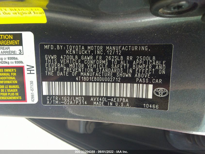 2013 TOYOTA AVALON HYBRID XLE PREMIUM 4T1BD1EB0DU002712