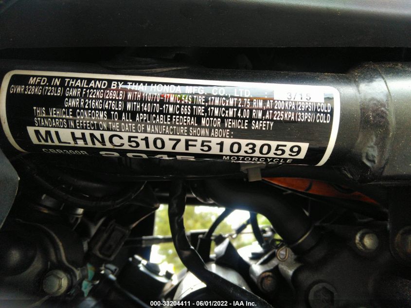 2015 HONDA CBR300 R MLHNC5107F5103059