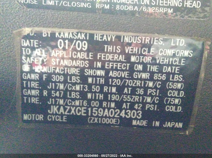 2009 KAWASAKI ZX1000 E JKAZXCE159A024303