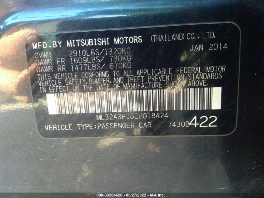 2014 MITSUBISHI MIRAGE DE ML32A3HJ8EH018424