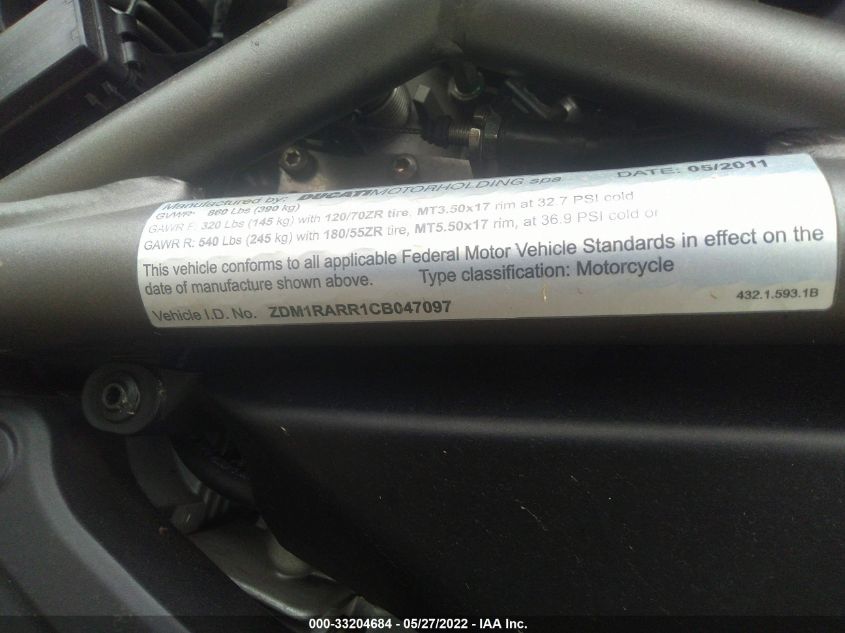 2012 DUCATI MONSTER 1110 ZDM1RARR1CB047097