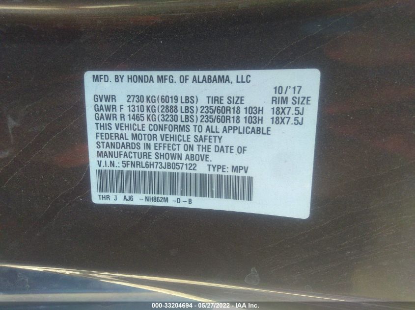 2018 HONDA ODYSSEY EX-L 5FNRL6H73JB057122
