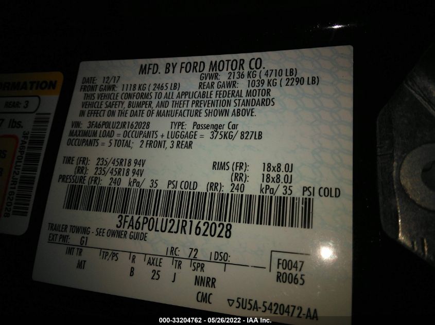 2018 FORD FUSION HYBRID SE 3FA6P0LU2JR162028