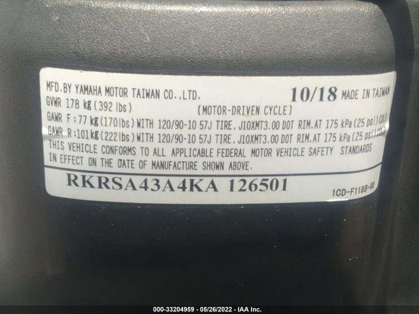 2019 YAMAHA YW50 F RKRSA43A4KA126501