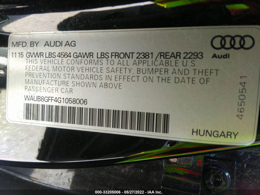 2016 AUDI A3 2.0T PREMIUM WAUB8GFF4G1058006
