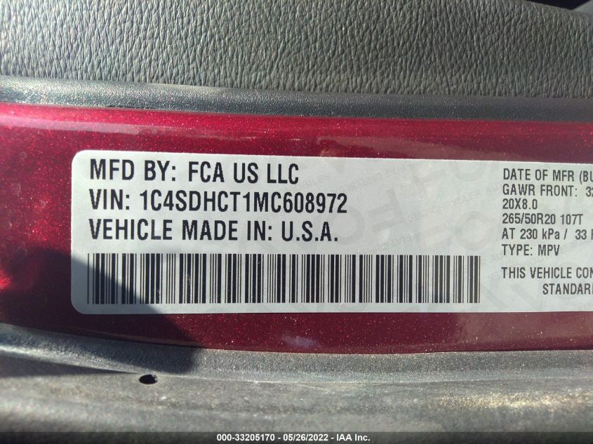 2021 DODGE DURANGO R/T 1C4SDHCT1MC608972