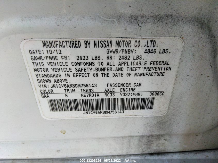 2013 INFINITI G37 SEDAN X JN1CV6AR8DM756143