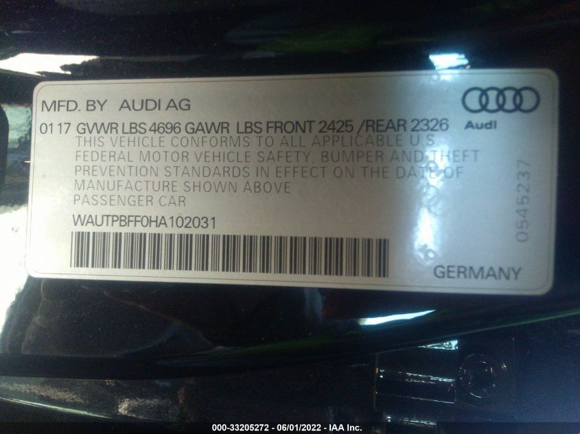 2017 AUDI A3 SPORTBACK E-TRON PREMIUM PLUS WAUTPBFF0HA102031
