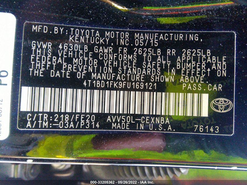 2015 TOYOTA CAMRY HYBRID HYBRID/LE/XLE/SE 4T1BD1FK9FU169121