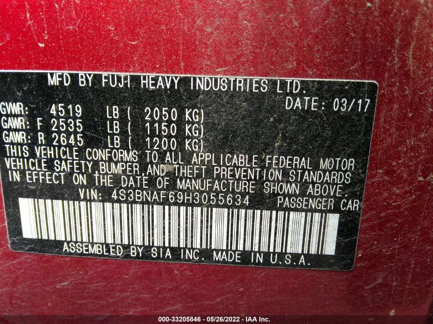 2017 SUBARU LEGACY PREMIUM 4S3BNAF69H3055634