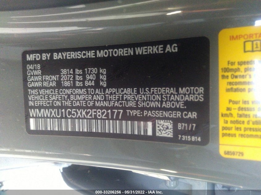 2019 MINI HARDTOP 4 DOOR COOPER WMWXU1C5XK2F82177