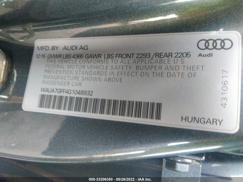 2016 AUDI A3 1.8T PREMIUM WAUA7GFF4G1048932