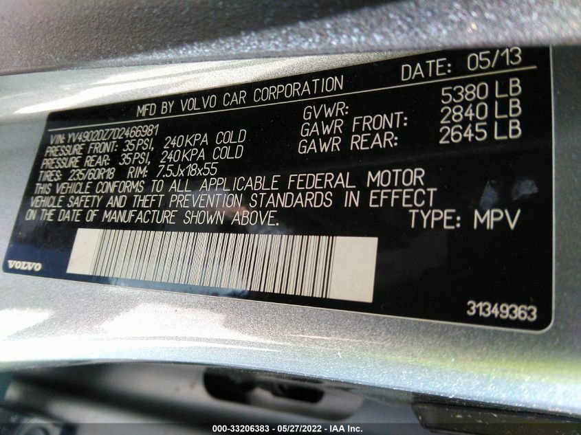 2013 VOLVO XC60 T6 YV4902DZ7D2466981