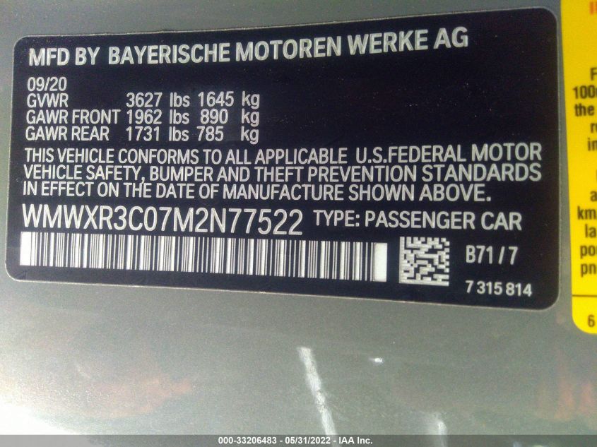 2021 MINI HARDTOP 2 DOOR COOPER WMWXR3C07M2N77522