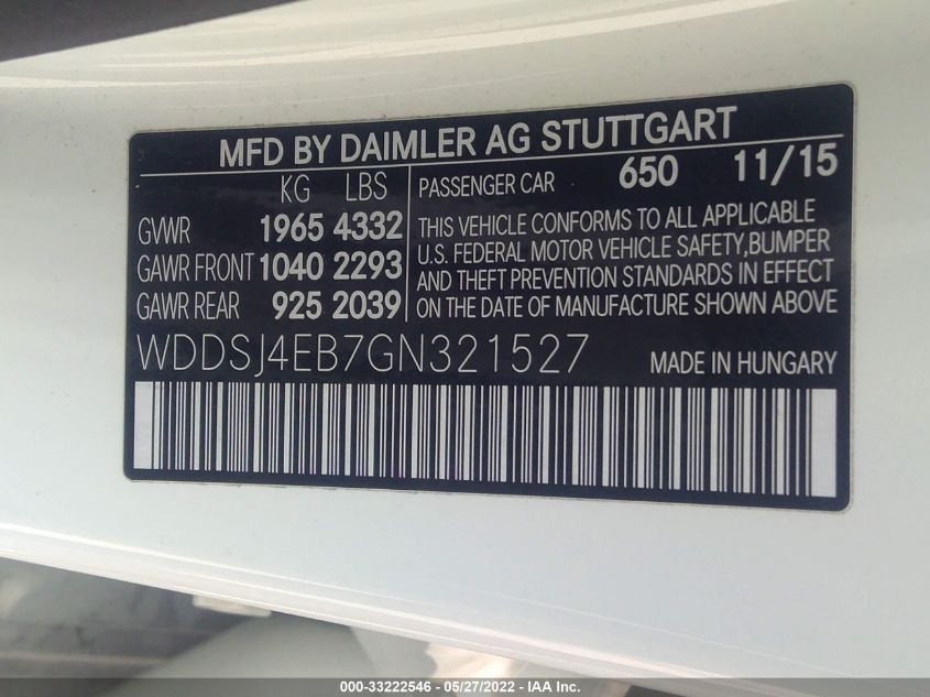2016 MERCEDES-BENZ CLA CLA 250 WDDSJ4EB7GN321527