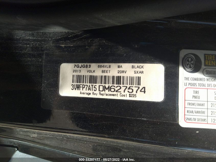 2013 VOLKSWAGEN BEETLE COUPE 2.5L ENTRY 3VWFP7AT5DM627574
