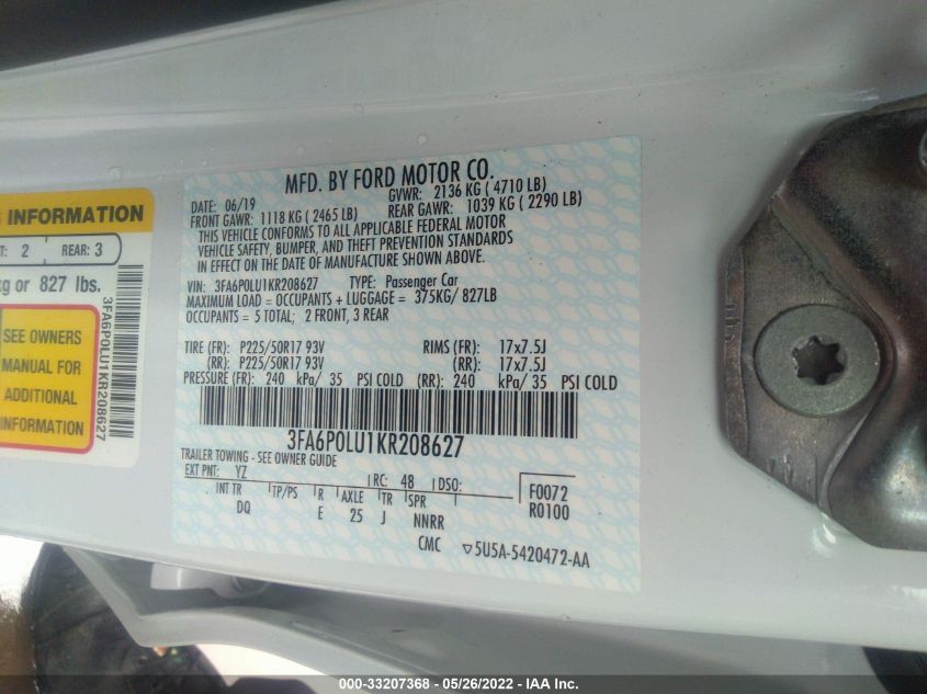 2019 FORD FUSION HYBRID SE 3FA6P0LU1KR208627