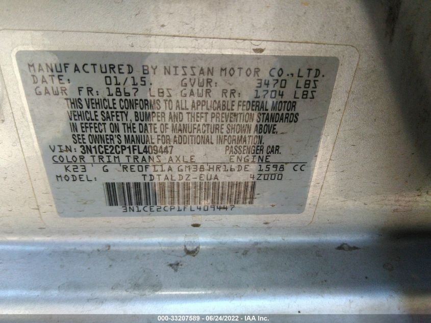 2015 NISSAN VERSA NOTE S/S PLUS/SV/SR/SL 3N1CE2CP1FL409447