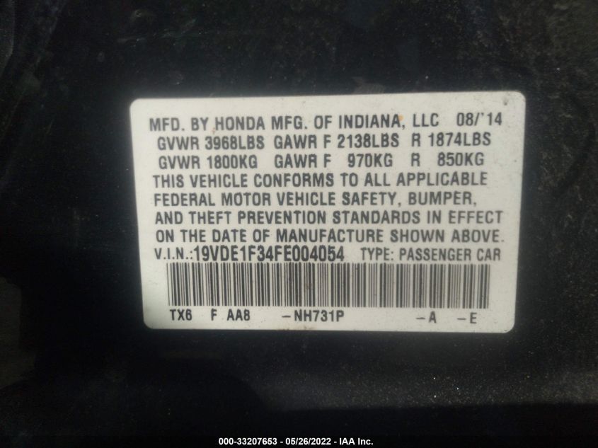 2015 ACURA ILX 19VDE1F34FE004054