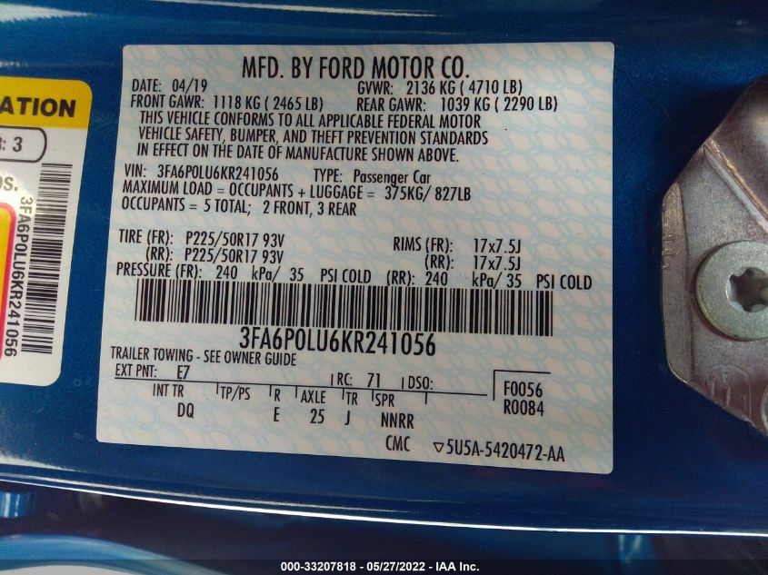 2019 FORD FUSION HYBRID SE 3FA6P0LU6KR241056