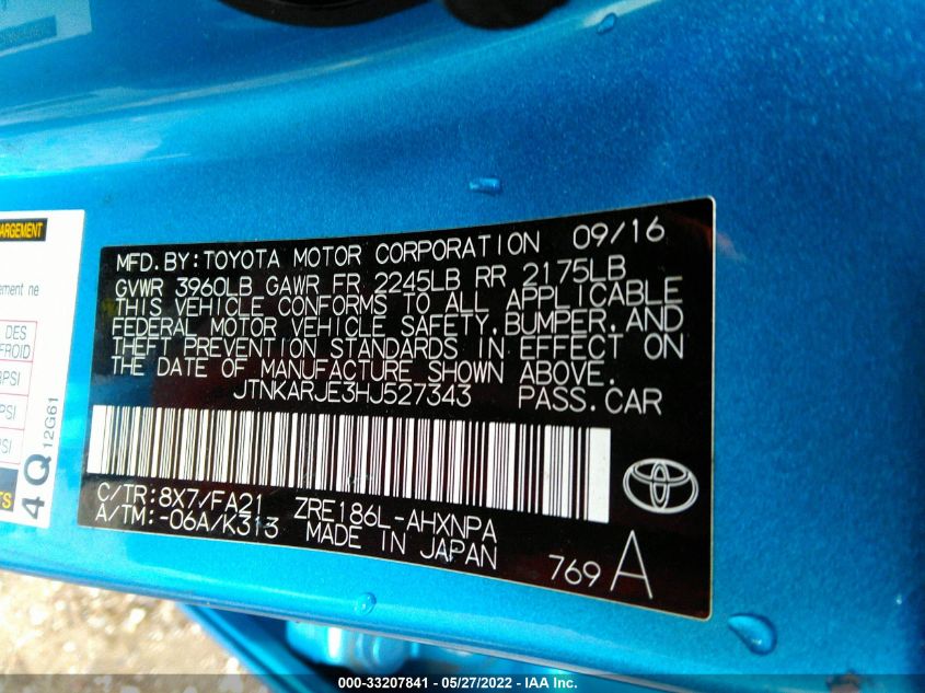 2017 TOYOTA COROLLA IM JTNKARJE3HJ527343