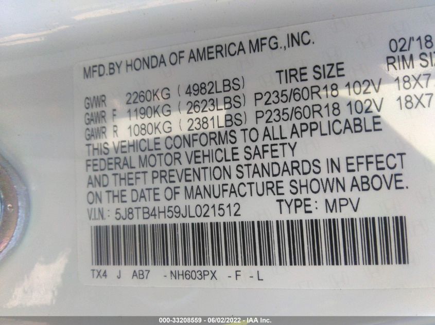 2018 ACURA RDX W 5J8TB4H59JL021512