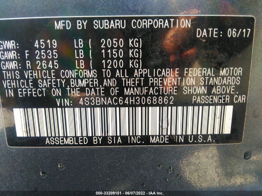 2017 SUBARU LEGACY PREMIUM 4S3BNAC64H3068862