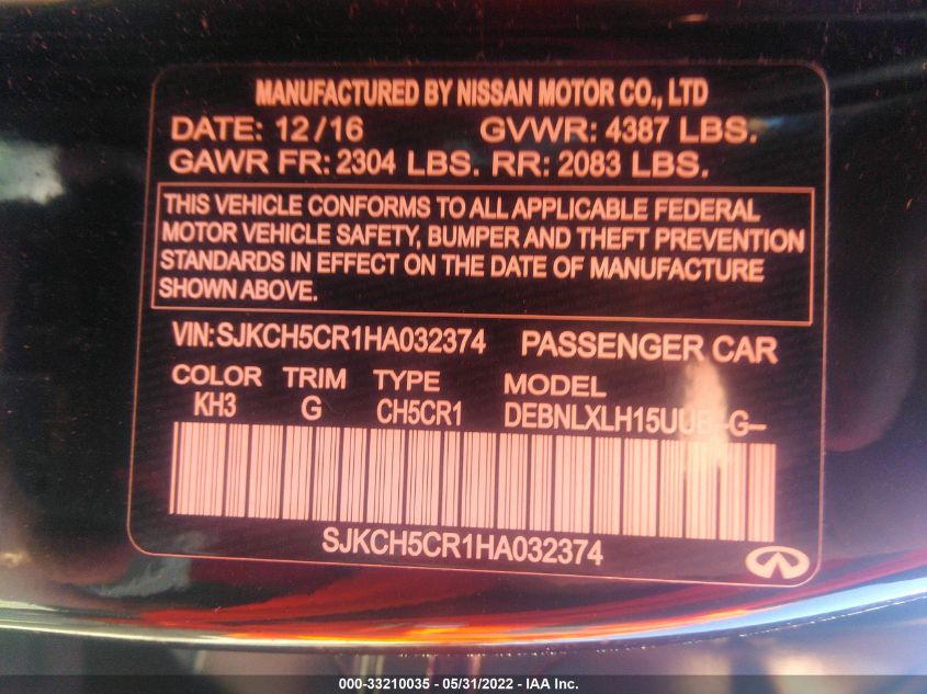 2017 INFINITI QX30 LUXURY SJKCH5CR1HA032374