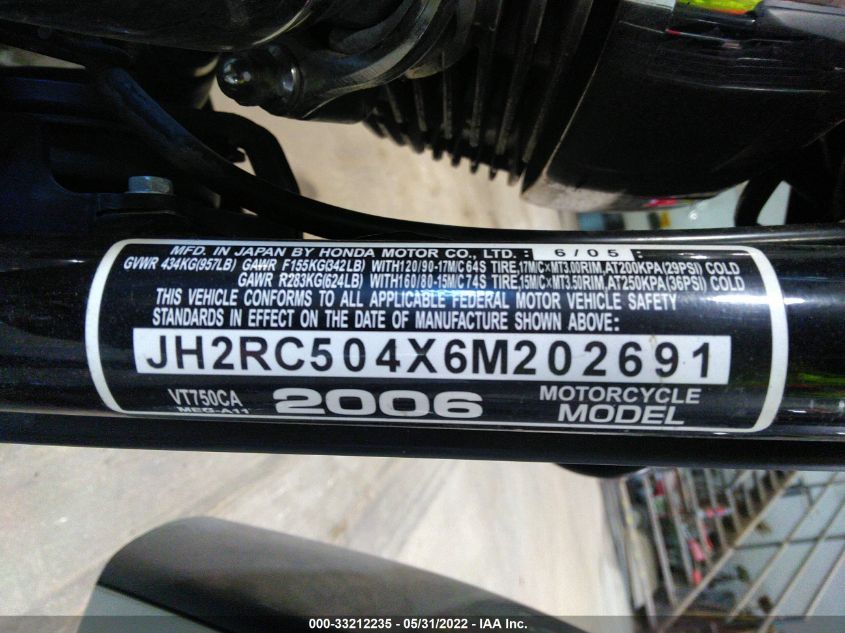 2006 HONDA VT750 CA JH2RC504X6M202691