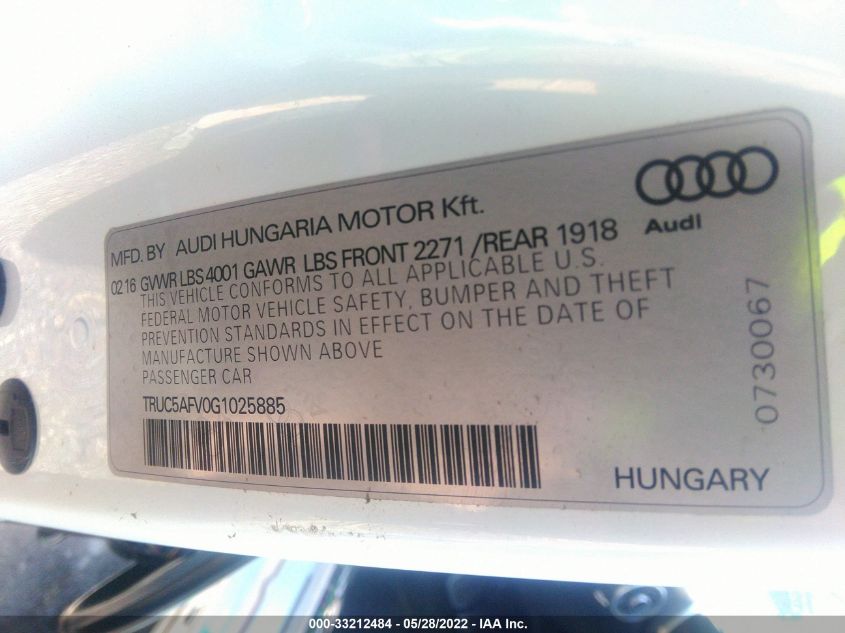 2016 AUDI TT 2.0T TRUC5AFV0G1025885