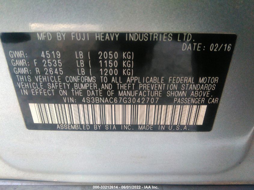 2016 SUBARU LEGACY 2.5I PREMIUM 4S3BNAC67G3042707