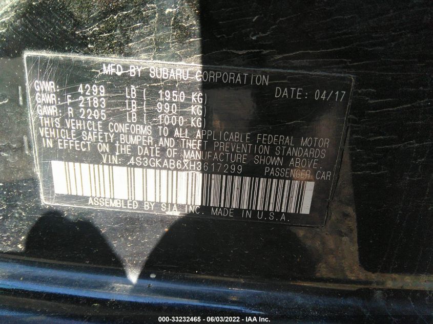 2017 SUBARU IMPREZA PREMIUM 4S3GKAB6XH3617299