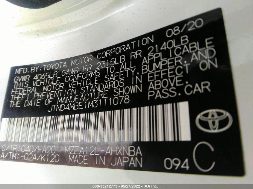 2021 TOYOTA COROLLA HATCHBACK SE/XSE/NIGHTSHADE JTND4MBE1M3111078